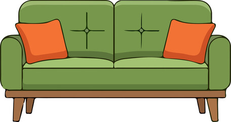 Illustration of a green sofa with orange pillows