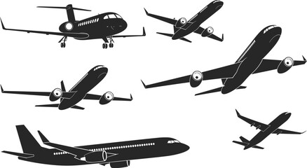 Silhouette collection of commercial airplanes in flight featuring various jet aircraft angles for aviation design, travel concepts, and transportation themes illustration.