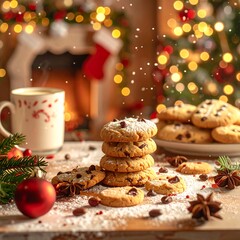 A festive scene featuring a stack of cookies with chocolate chips, a warm drink, and a Christmas tree in the background