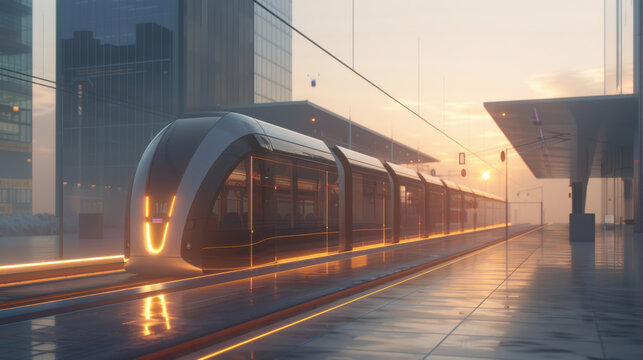 Futuristic city bus rapid transit hub features glowing panels and sleek design, showcasing modern architecture and urban transportation