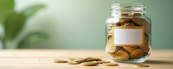 Glass jar full of gold coins sits on wooden table. Scattered coins lie nearby on surface. Empty label on jar suggests personalization for savings, budget, or goals.