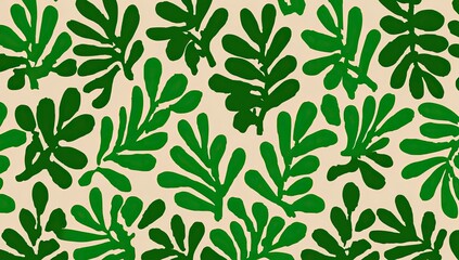 Repeating pattern of green stylized leaves on a beige background