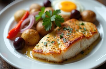 Close up on plate shows cooked cod with potato, egg, onion, red pepper and olives. This is delicious portuguese meal with healthy baked fish fillet.