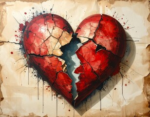 A fragmented heart, painted in crimson, cracks along an aged parchment. Splatters of red accompany the broken symbol of affection