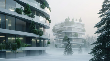 Modern eco friendly glass towers surrounded by snow and evergreen trees create serene winter landscape. buildings feature lush greenery