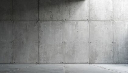 Geometric pattern on grey concrete wall panels. Industrial texture with visible bolts and seams. Modern architectural surface with concrete floor. Minimalist, clean design.