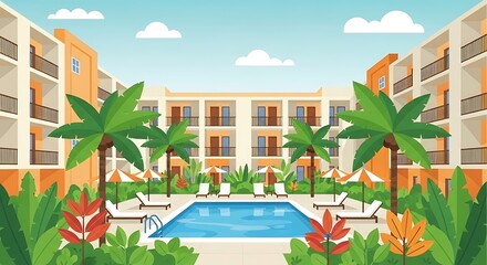 Tranquil courtyard retreat, modern architecture with palm trees paradise