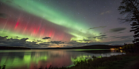 A vibrant aurora paints the night sky in green and red, reflecting softly on a calm lake as dark clouds drift and distant hills glow quietly in the background.