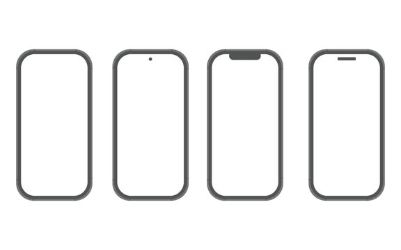 Four different smartphone outlines showing evolution of mobile phone screen designs isolated on white background