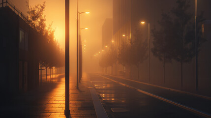 Serene urban scene featuring foggy street illuminated by warm streetlights during sunset. atmosphere evokes sense of calm and tranquility