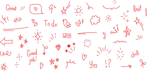 collection of hand-drawn red doodle icons and simple text. These informal sketches are often used for decorative purposes, in digital media, or as creative elements. 