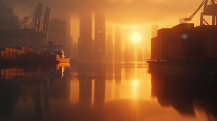 Harbor at sunset with cargo ship and city skyline reflecting on water, creating serene and warm atmosphere