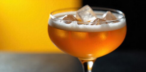 Artistic Yellow Background with a Frothy Gold Cocktail A luxurious, frothy cocktail in a classic coupe glass, the liquid a rich golden hue. It s presented on an artfully textured yellow background
