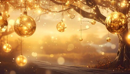 A serene outdoor scene with golden orbs suspended from tree branches, evoking a warm, festive atmosphere with bokeh lights