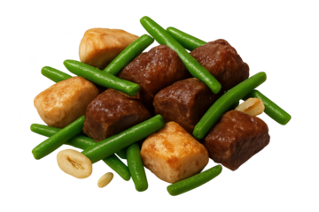 Assorted meat and tofu cubes with green beans on transparent background, bite-sized savory pieces