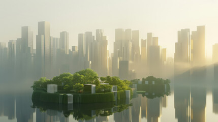 Fototapeta premium Eco city district with floating greenery, modern skyscrapers, and serene water reflections creates tranquil urban landscape