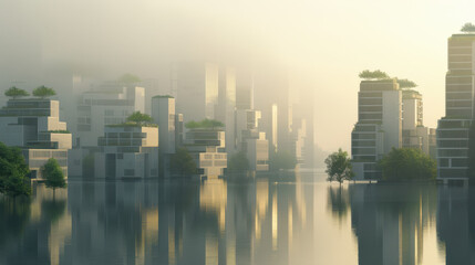 Fototapeta premium Eco city district with modern architecture, floating buildings, green rooftops, and serene water reflections creates tranquil atmosphere