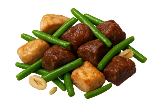 Assorted meat and tofu cubes with green beans on transparent background, bite-sized savory pieces