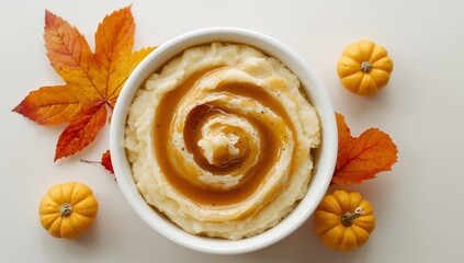 Autumn Feast. A Swirl of Creamy Delight with Vibrant Fall Accents on a Light Surface.