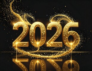 A golden, glittering "2026" is depicted, with sparkling light trails and a glossy, dark background. The numbers have a luxurious, three-dimensional look