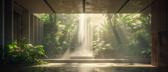 Serene hotel lobby featuring biophilic architecture, lush greenery, and tranquil waterfall creates peaceful atmosphere