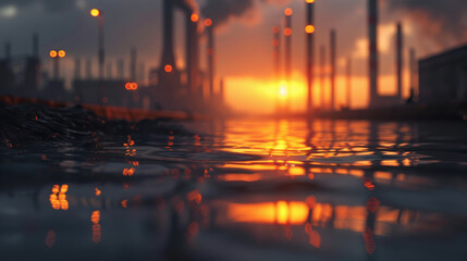 Cinematic sunset reflects water near industrial structures, creating serene yet powerful atmosphere. scene captures beauty of nature amidst urban