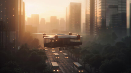 Futuristic urban delivery drone flying over cityscape at sunset, showcasing advanced technology and modern architecture