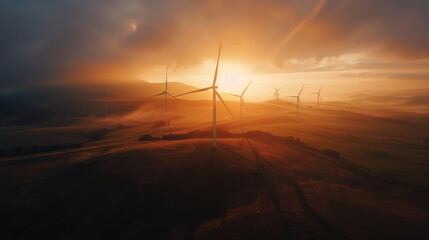 Aerial view of wind farm at sunrise, showcasing turbines in misty landscape, creating serene and eco friendly atmosphere