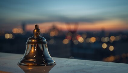 Bell at Twilight, Reflection on Surface, Circular Bokeh, Dark Blue and Orange Sky.
