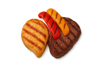 Two grilled bread portions with distinct char marks and colorful sliced peppers on top, set against transparent background