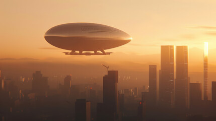 Solar airship dock in eco city, floating above skyline during sunset, showcasing futuristic architecture and urban landscape