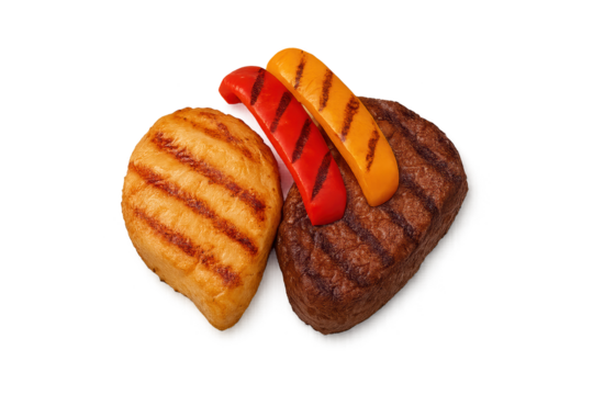 Two grilled bread portions with distinct char marks and colorful sliced peppers on top, set against transparent background