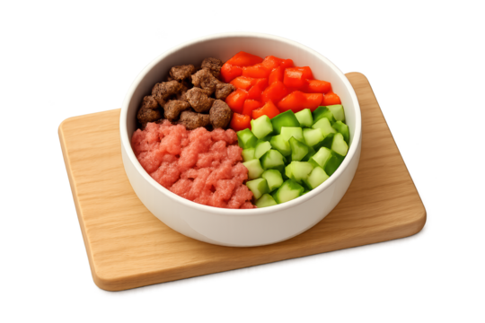 White bowl with raw ground meat, diced carrots, and cucumber on wooden board