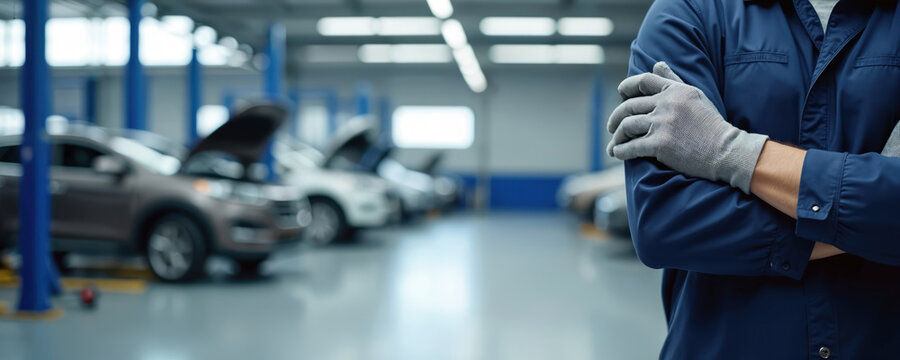 Pro mechanic wears gloves arms crossed inside modern auto repair shop. Cars with open hoods line up on lifts for service and maintenance. Clean garage bay setting implies expert car care.