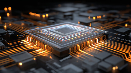 3D holographic blueprint of a nano-scale microchip with multi-layer glowing circuitry and energy paths.