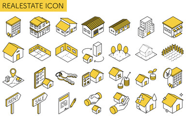 不動産購入、戸建てやマンション、店舗、住宅ローンや農地などのシンプルな線画アイソメトリックイラスト