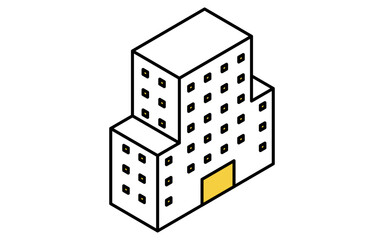 不動産購入、中高層マンションのシンプルな線画アイソメトリックイラスト