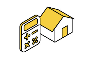 不動産購入、住宅と電卓（ローンシミュレーションイメージ）のシンプルな線画アイソメトリックイラスト