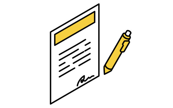 不動産購入、契約書にサインするシンプルな線画アイソメトリックイラスト