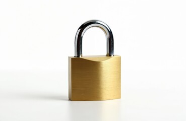Fototapeta premium Gold brass padlock with chrome shackle is isolated on white. Single metal lock object used for security and safety. Closed equipment with shiny metallic surface. Strong protection symbol.