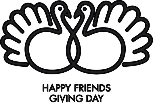 Minimalist vector illustration of two turkeys forming a heart shape with 'Happy Friends Giving Day' text on black background