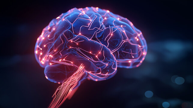 A glowing holographic human brain connected by neon circuitry lines, representing advanced artificial intelligence and neural networks in a dark futuristic lab.