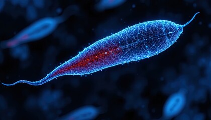 Detailed trypanosome illustration for medical research, stunning blue tones, intricate details for educational or scientific use, impactful design