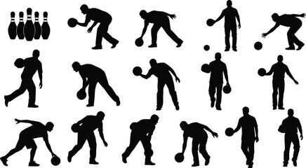 Bowling sport silhouettes with pins and ball, male players in various throwing and rolling poses, athletic action collection, black and white vector illustration set for sports.