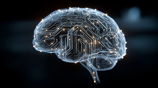 A glowing holographic human brain connected by neon circuitry lines, representing advanced artificial intelligence and neural networks in a dark futuristic lab. - Powered by Adobe