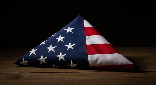 Symbolic triangular fold of a patriotic emblem, showcasing its distinctive stars and stripes against a dark backdrop, conveying honor and memorial