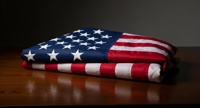 Folded American Flag Symbol of Patriotism, Honor, and Remembrance on a Wooden Surface