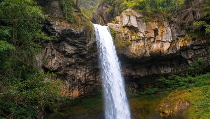 Obraz premium Cascading Falls, Verdant Cliffs. A Symphony of Water and Stone Natural Splendor.