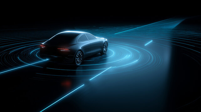 A sleek autonomous car emitting a full 360-degree lidar scan with holographic mapping beams detecting surroundings.