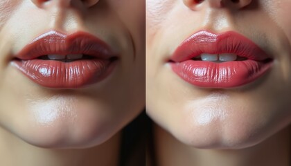 Split image shows woman lips before and after cosmetic procedure. Fuller pout is evident after plumpness enhancement. Beauty treatment result is clear.
